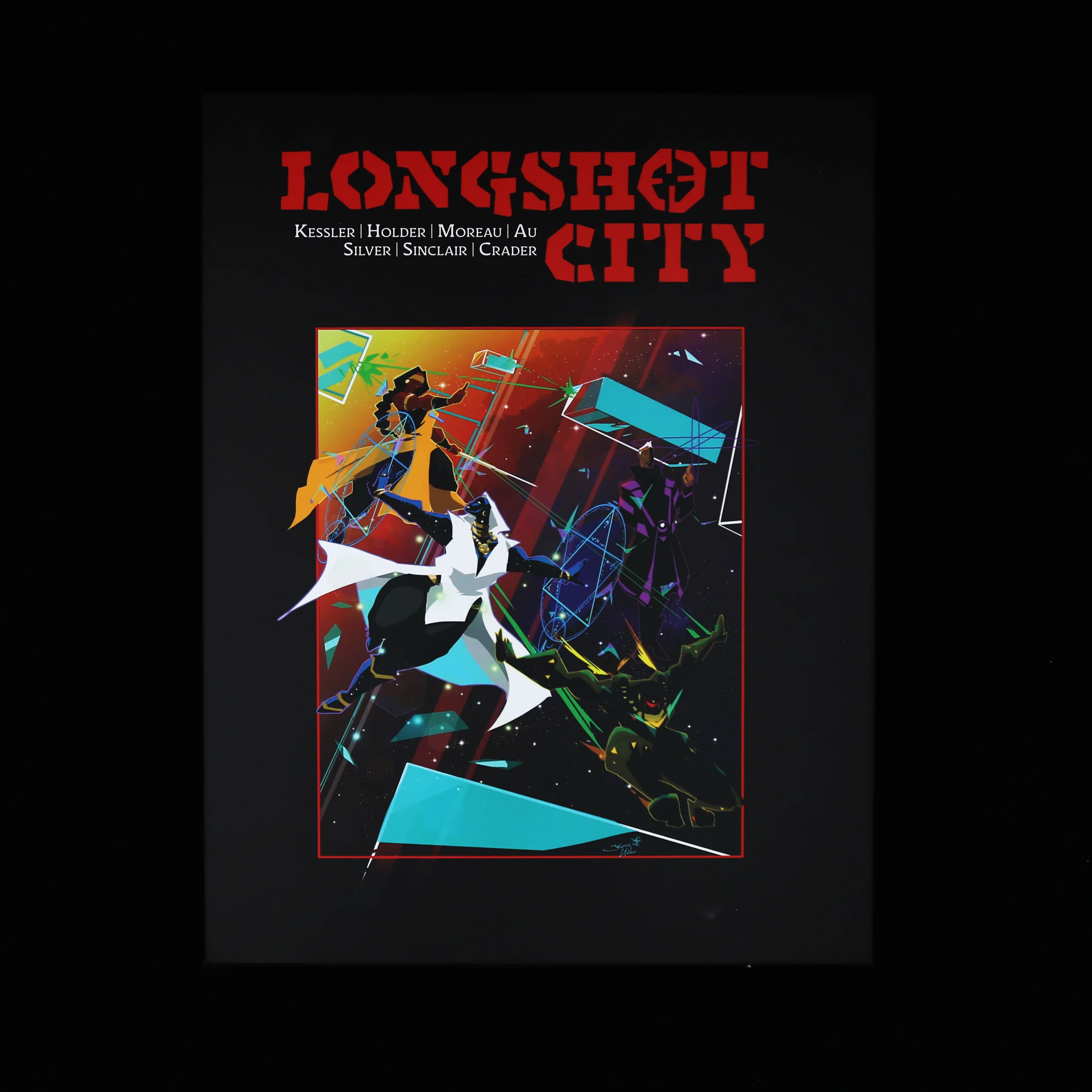 The cover of Longshot city, it features superheroes going into combat.